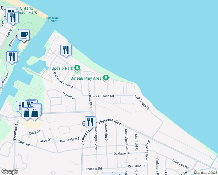 map of restaurants, bars, coffee shops, grocery stores, and more near 34 Bateau Terrace in Rochester