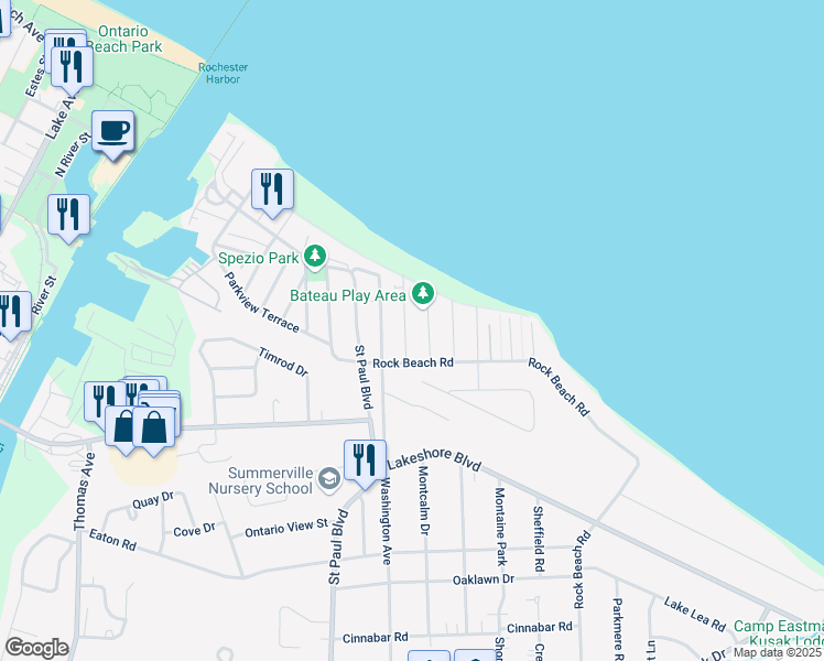 map of restaurants, bars, coffee shops, grocery stores, and more near 34 Bateau Terrace in Rochester