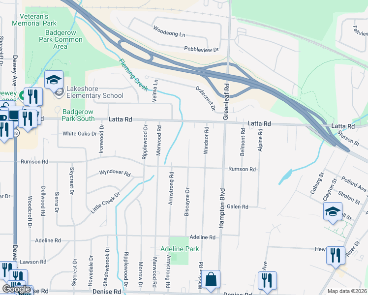 map of restaurants, bars, coffee shops, grocery stores, and more near 449 Biscayne Drive in Rochester