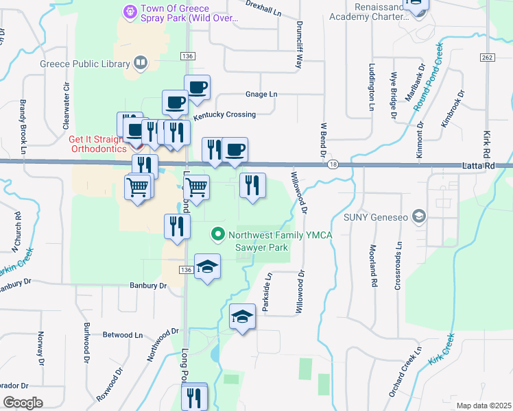 map of restaurants, bars, coffee shops, grocery stores, and more near 100 Greece Center Drive in Rochester