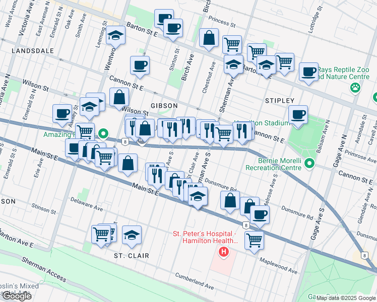 map of restaurants, bars, coffee shops, grocery stores, and more near in Hamilton