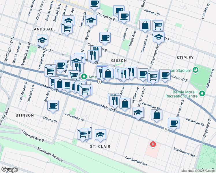 map of restaurants, bars, coffee shops, grocery stores, and more near 15 Burris Street in Hamilton