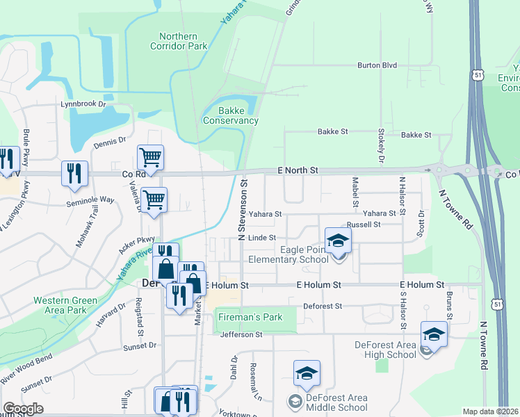 map of restaurants, bars, coffee shops, grocery stores, and more near 401 North Stevenson Street in DeForest