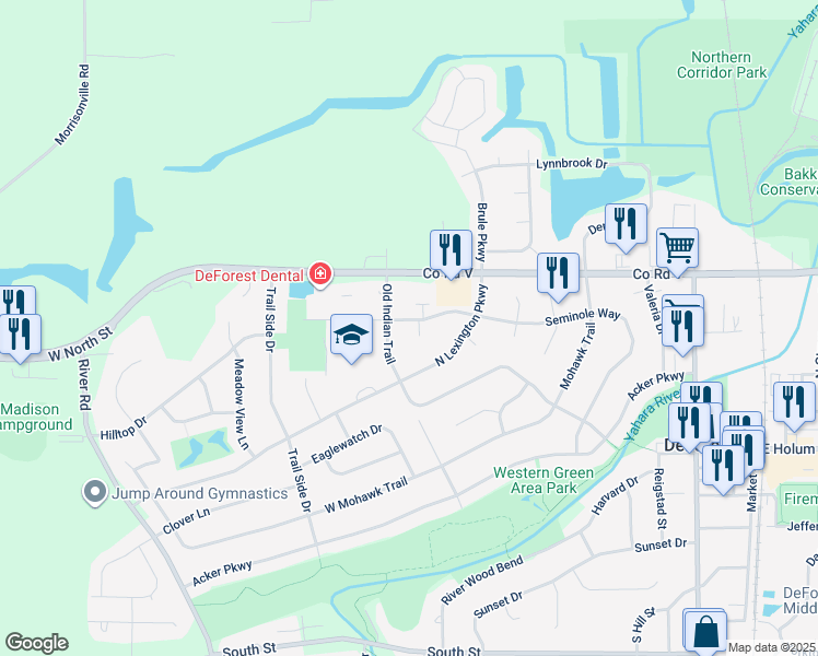 map of restaurants, bars, coffee shops, grocery stores, and more near 546 Seminole Way in DeForest