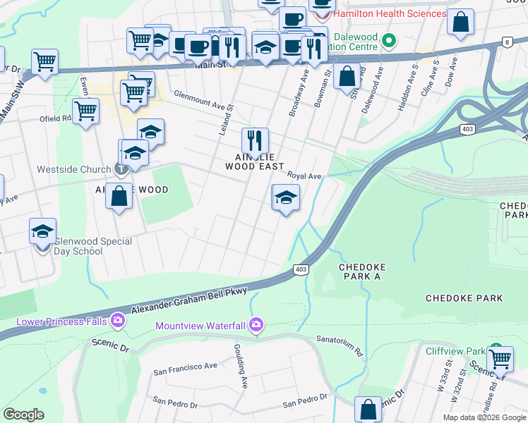 map of restaurants, bars, coffee shops, grocery stores, and more near 211 Broadway Avenue in Hamilton