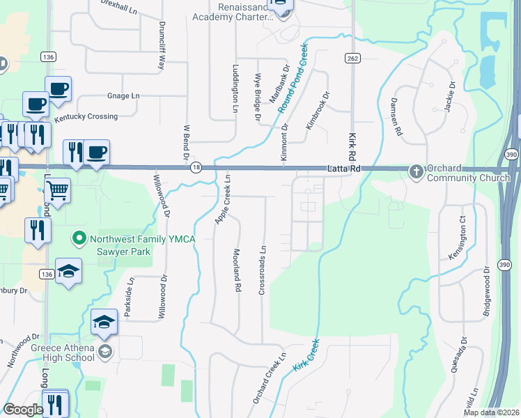 map of restaurants, bars, coffee shops, grocery stores, and more near 19 Crossroads Lane in Rochester