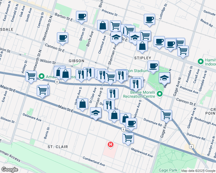 map of restaurants, bars, coffee shops, grocery stores, and more near 932 King Street East in Hamilton