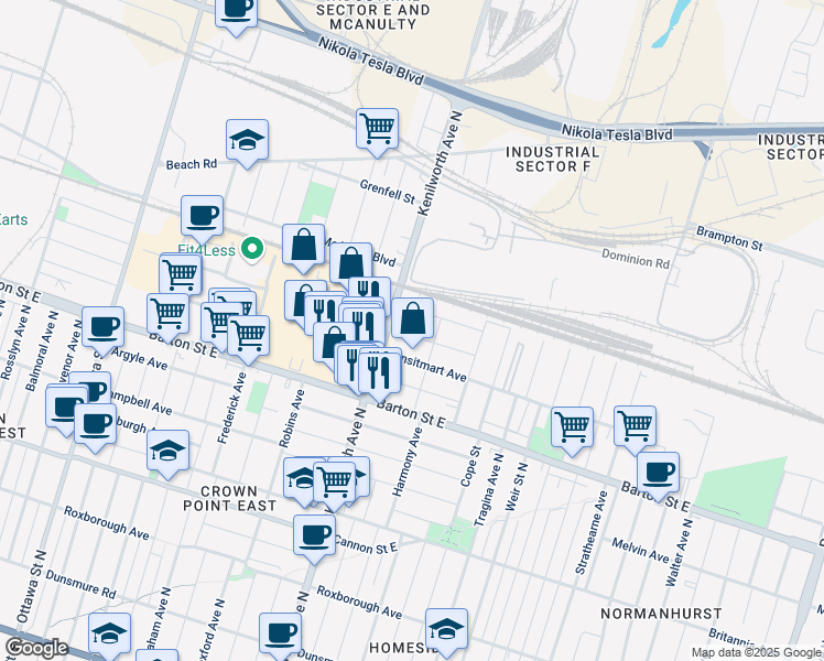 map of restaurants, bars, coffee shops, grocery stores, and more near 15 Merchison Avenue in Hamilton