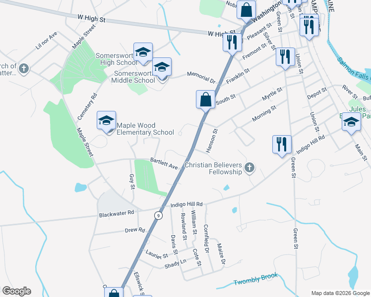 map of restaurants, bars, coffee shops, grocery stores, and more near 293 High Street in Somersworth