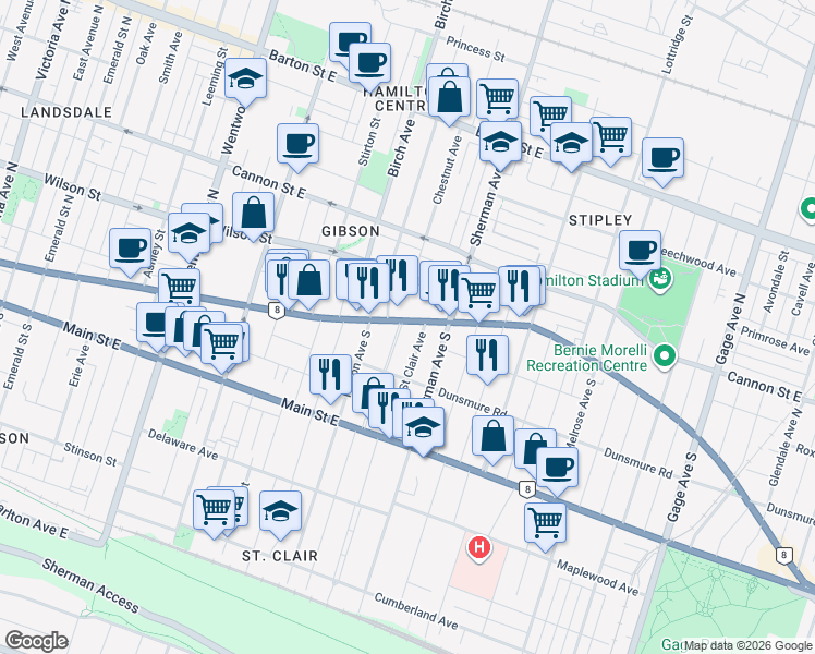 map of restaurants, bars, coffee shops, grocery stores, and more near 886 King Street East in Hamilton