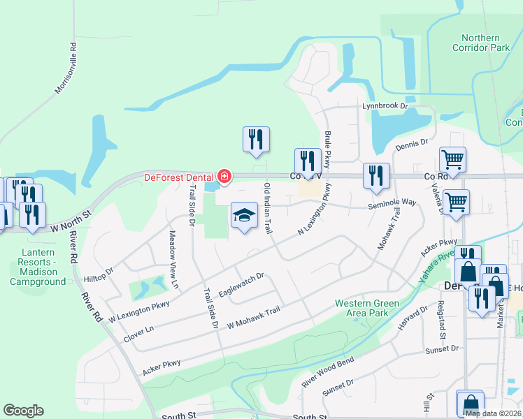 map of restaurants, bars, coffee shops, grocery stores, and more near 523 Old Indian Trail in DeForest