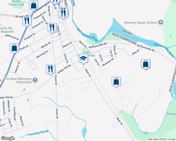 map of restaurants, bars, coffee shops, grocery stores, and more near 340 Main Street in Somersworth