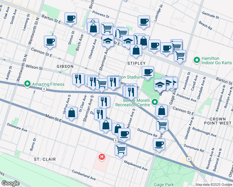 map of restaurants, bars, coffee shops, grocery stores, and more near King St E & Barnesdale Ave N in Hamilton