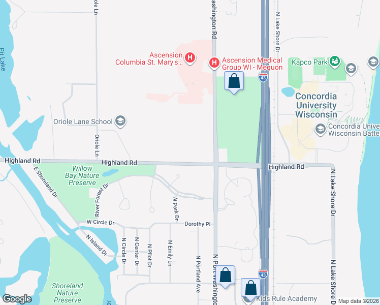 map of restaurants, bars, coffee shops, grocery stores, and more near 1386-1598 Highland Road in Mequon