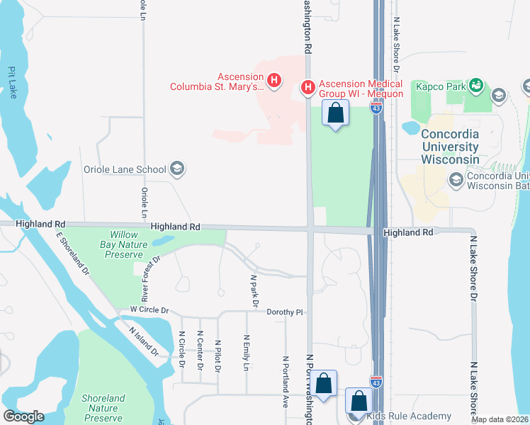 map of restaurants, bars, coffee shops, grocery stores, and more near 1310 Highland Road in Mequon
