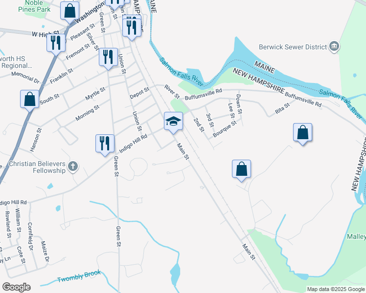 map of restaurants, bars, coffee shops, grocery stores, and more near 340 Main Street in Somersworth