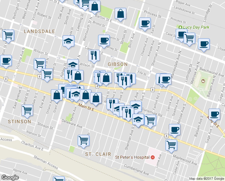 map of restaurants, bars, coffee shops, grocery stores, and more near 15 Burris Street in Hamilton