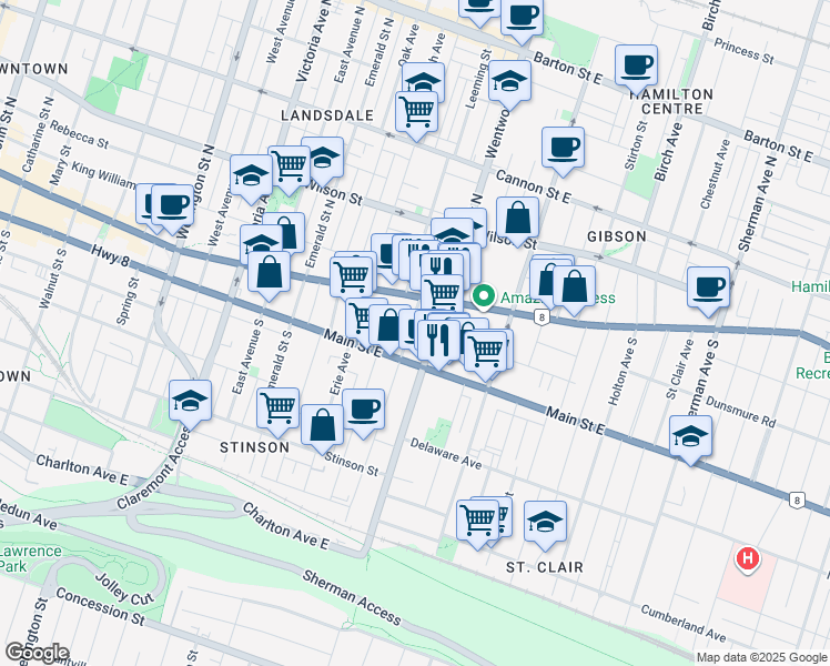 map of restaurants, bars, coffee shops, grocery stores, and more near 25 Wentworth Street South in Hamilton