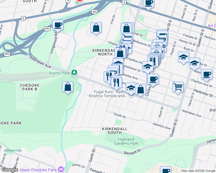 map of restaurants, bars, coffee shops, grocery stores, and more near Aberdeen Ave in Hamilton Division