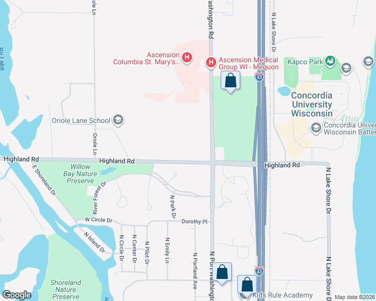 map of restaurants, bars, coffee shops, grocery stores, and more near 1386-1598 Highland Road in Mequon