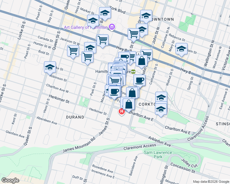 map of restaurants, bars, coffee shops, grocery stores, and more near 180 James Street South in Hamilton