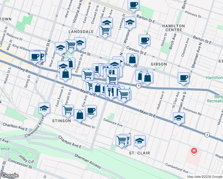 map of restaurants, bars, coffee shops, grocery stores, and more near 25 Wentworth Street South in Hamilton