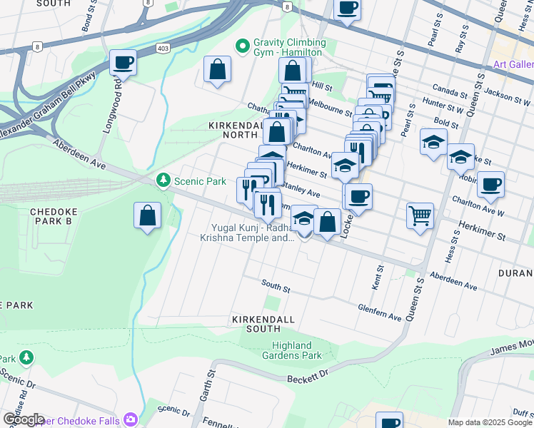 map of restaurants, bars, coffee shops, grocery stores, and more near in Hamilton