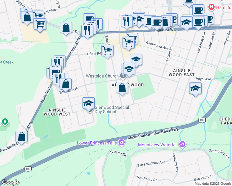map of restaurants, bars, coffee shops, grocery stores, and more near 150 Ewen Road in Hamilton