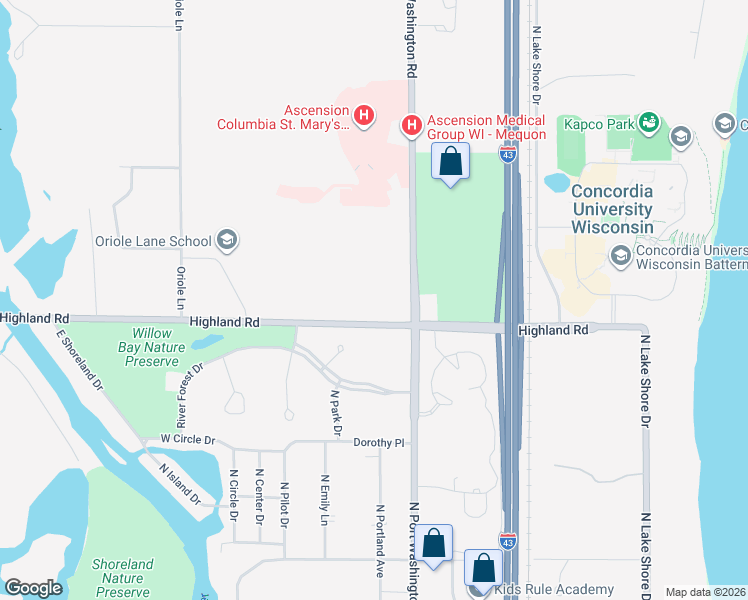 map of restaurants, bars, coffee shops, grocery stores, and more near 1386-1598 Highland Road in Mequon