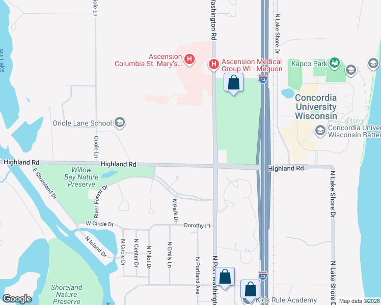 map of restaurants, bars, coffee shops, grocery stores, and more near 1386-1598 Highland Road in Mequon