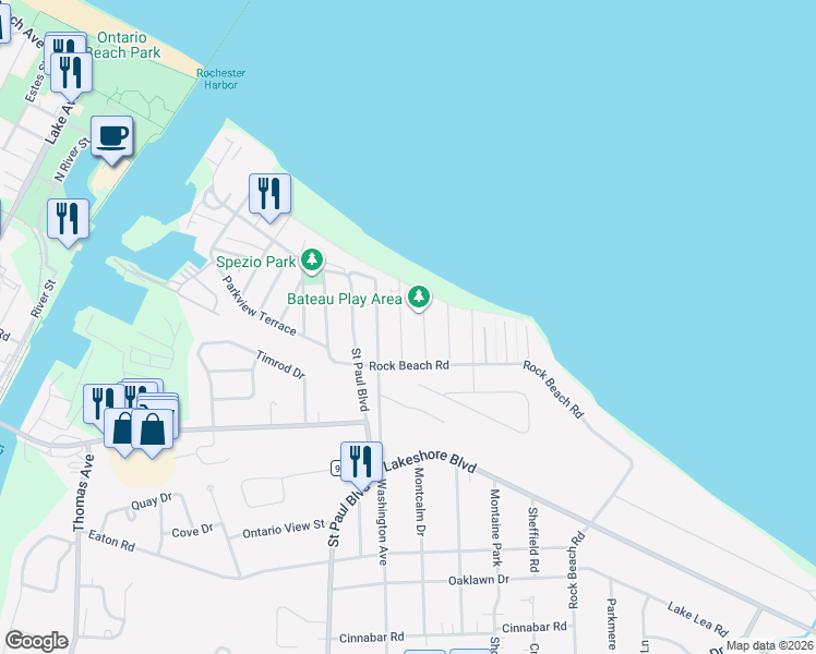 map of restaurants, bars, coffee shops, grocery stores, and more near 34 Bateau Terrace in Rochester