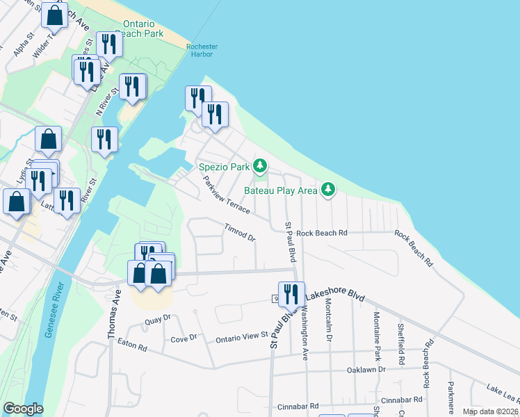map of restaurants, bars, coffee shops, grocery stores, and more near 2 Beach Terrace in Rochester
