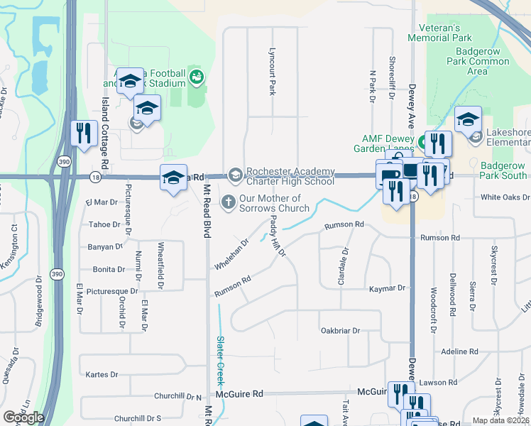 map of restaurants, bars, coffee shops, grocery stores, and more near 92 Paddy Hill Drive in Rochester