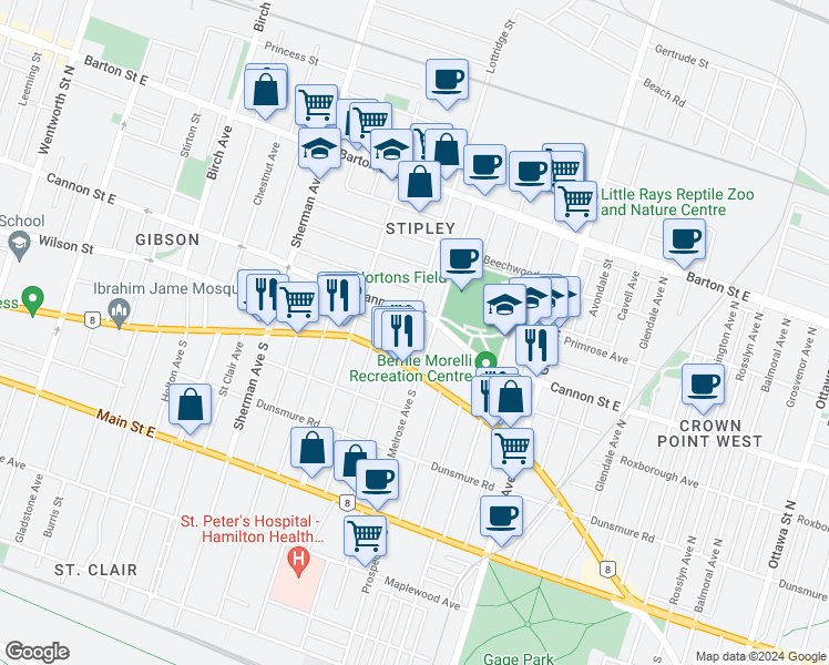 map of restaurants, bars, coffee shops, grocery stores, and more near in Hamilton
