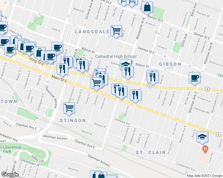 map of restaurants, bars, coffee shops, grocery stores, and more near in Hamilton