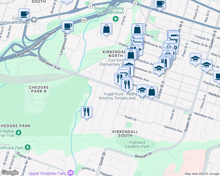 map of restaurants, bars, coffee shops, grocery stores, and more near in Hamilton