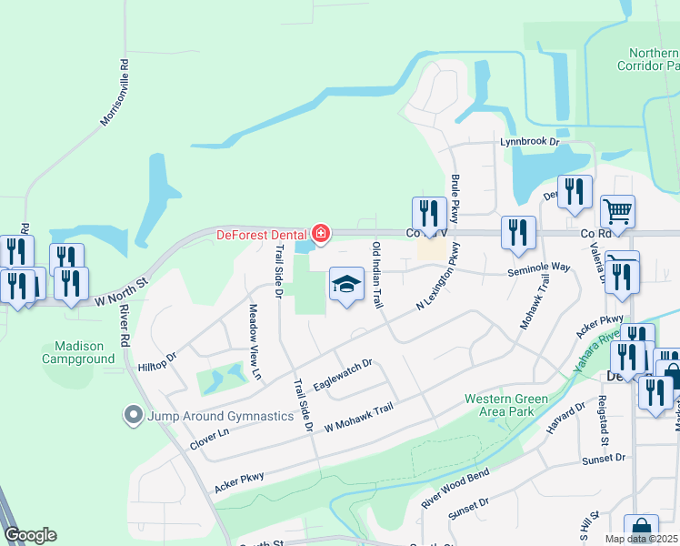 map of restaurants, bars, coffee shops, grocery stores, and more near 628 Seminole Way in DeForest