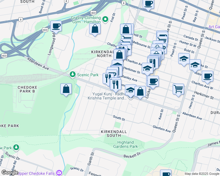 map of restaurants, bars, coffee shops, grocery stores, and more near 428 Aberdeen Avenue in Hamilton