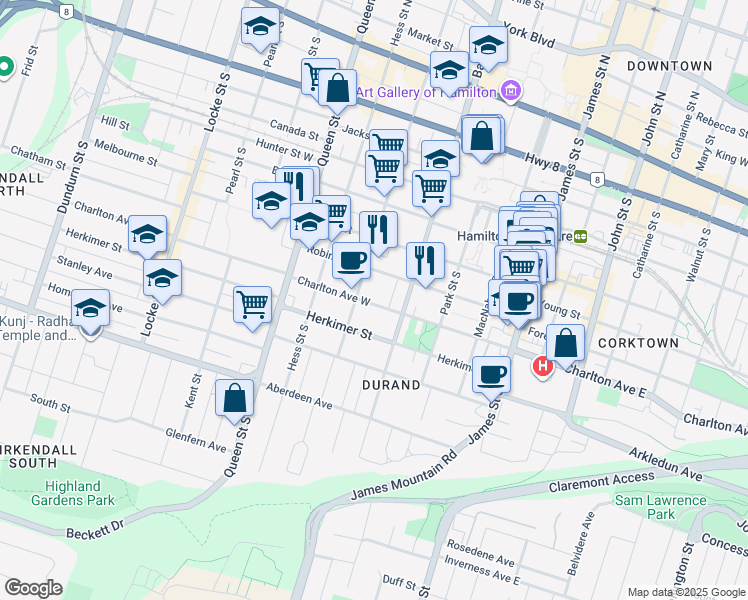 map of restaurants, bars, coffee shops, grocery stores, and more near 126 Charlton Avenue West in Hamilton