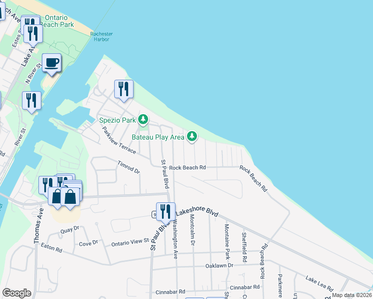 map of restaurants, bars, coffee shops, grocery stores, and more near 34 Bateau Terrace in Rochester