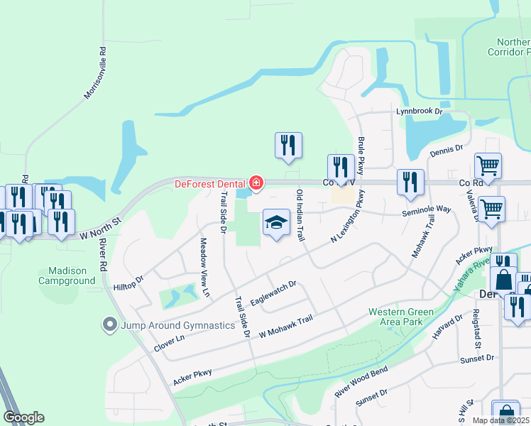 map of restaurants, bars, coffee shops, grocery stores, and more near 628 Seminole Way in DeForest