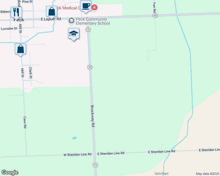 map of restaurants, bars, coffee shops, grocery stores, and more near 5751-5855 Brockway Road in Peck
