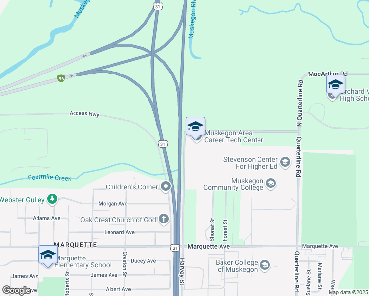 map of restaurants, bars, coffee shops, grocery stores, and more near 200 Harvey Street in Muskegon