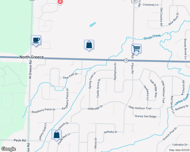 map of restaurants, bars, coffee shops, grocery stores, and more near 115 Spring Tree Lane in Rochester