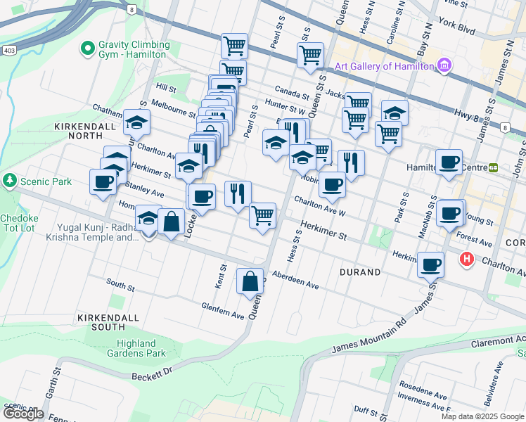 map of restaurants, bars, coffee shops, grocery stores, and more near 201 Herkimer Street in Hamilton