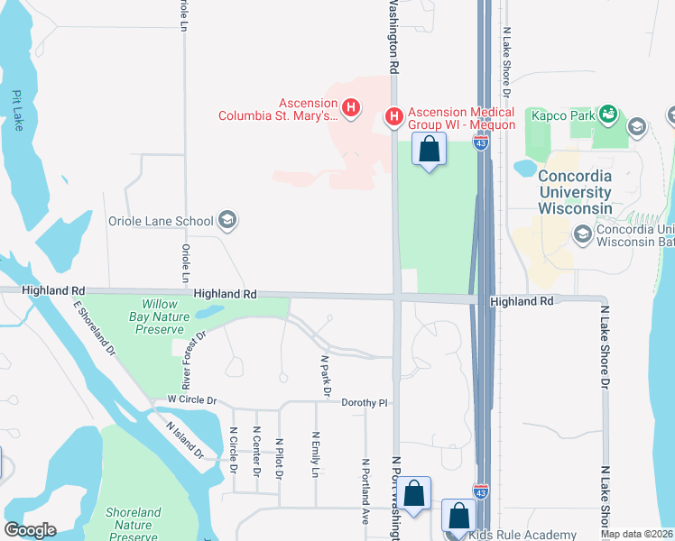 map of restaurants, bars, coffee shops, grocery stores, and more near 1310 Highland Road in Mequon