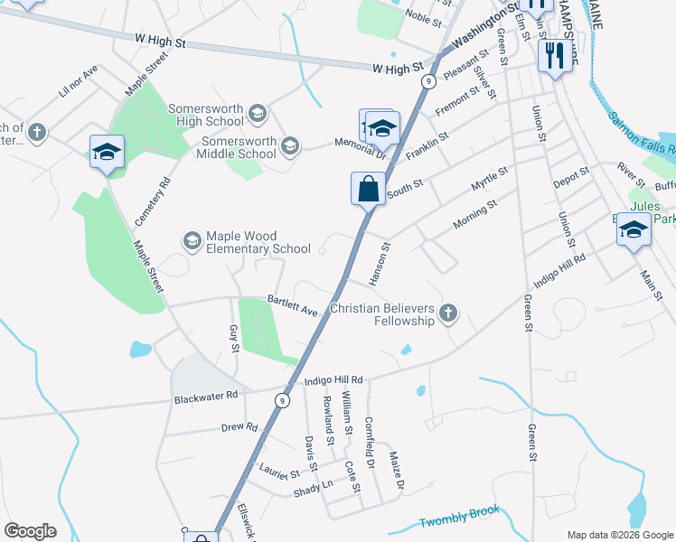 map of restaurants, bars, coffee shops, grocery stores, and more near 293 High Street in Somersworth