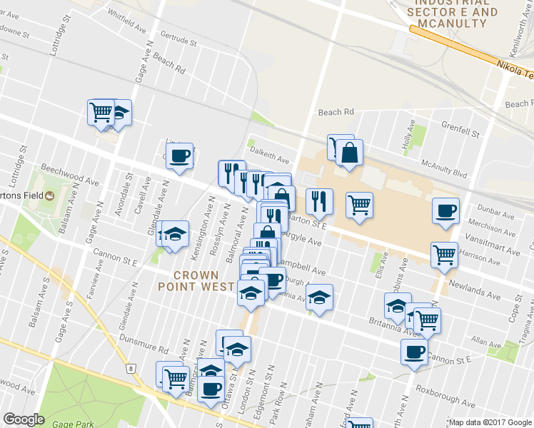 map of restaurants, bars, coffee shops, grocery stores, and more near 1090 Barton Street East in Hamilton