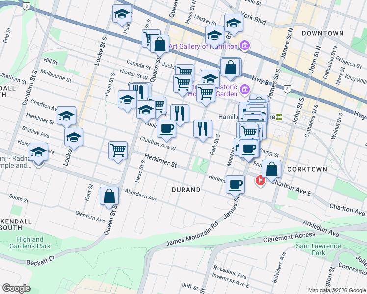 map of restaurants, bars, coffee shops, grocery stores, and more near 119 Charlton Avenue West in Hamilton