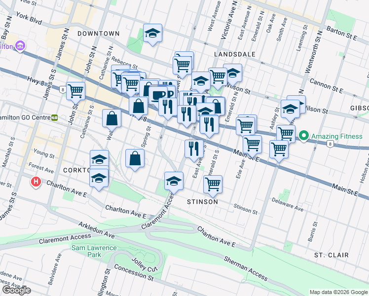 map of restaurants, bars, coffee shops, grocery stores, and more near 56 Victoria Avenue South in Hamilton